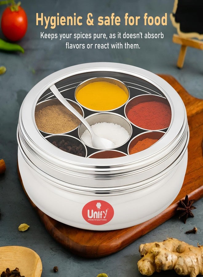 Unify Stainless Steel Masala Box | See Through Airtight Lid | 7 Spice Containers With Small Spoon | Masala Dabba For Kitchen | Spice Box for Kitchen Storage | Masala Dani Container (1200 ml, Silver) - Image 2